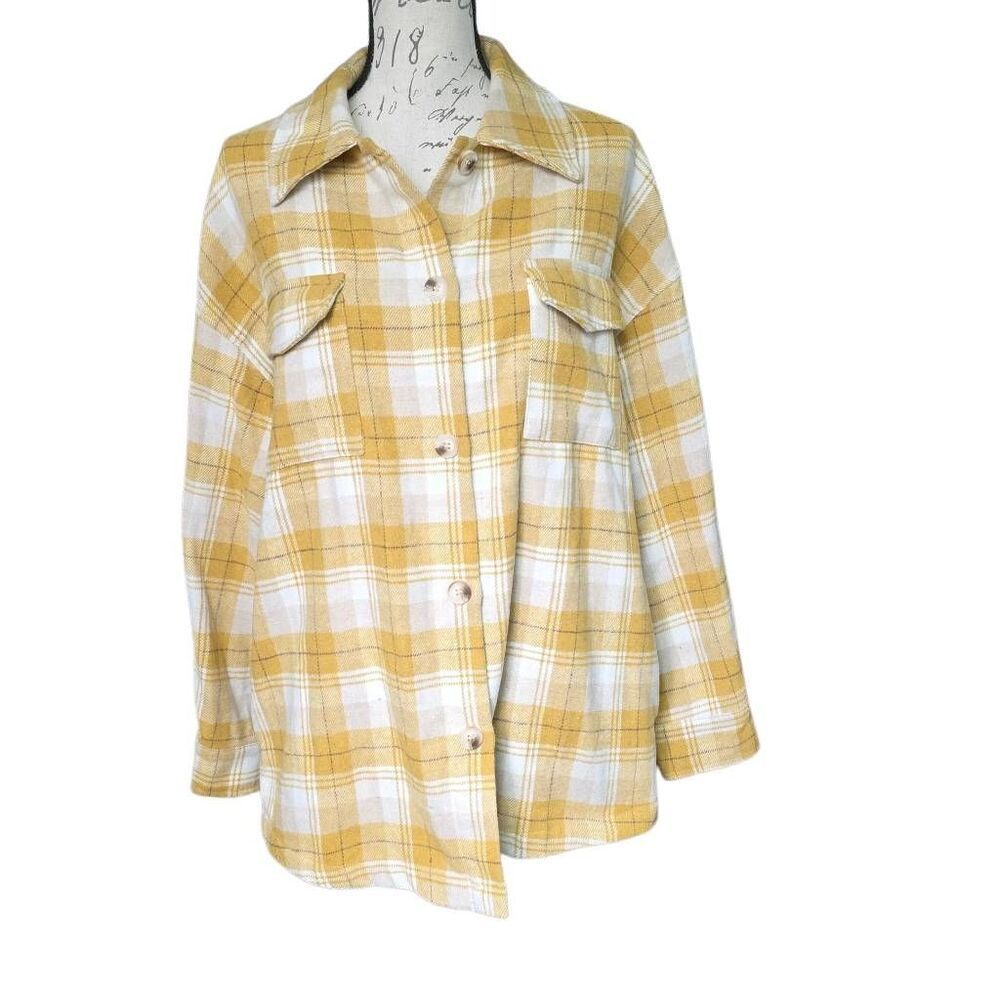 Vanilla Bay Women's Sz Large Yellow White Plaid Fringe Back Button Down Flannel